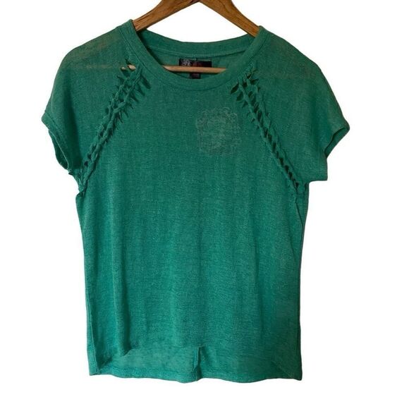J. J. Basics teal distressed short sleeve blouse size medium 100% polyester - Picture 1 of 6